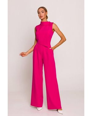 Love Lace Collared Sleeveless Wide Leg Jumpsuit - Pink