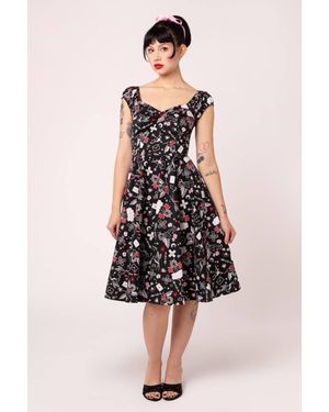 Hell Bunny 50S Style Tattoo Print Sweetheart Neck Full Circle Dress - Natural