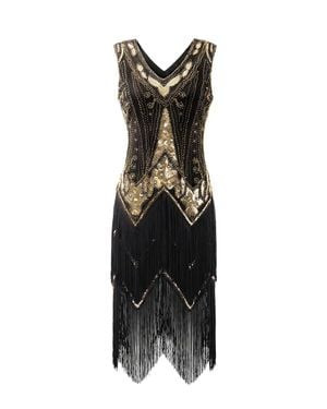 MODISHION 1920S Art Deco V-Neck Flapper Dress With Double-Tier Fringe - Black
