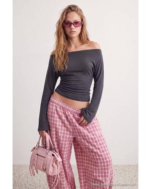 WOVCOR Fitted Boat Neck Batwing Sleeve Ribbed Blouse - Pink