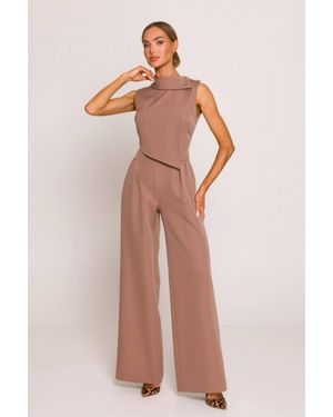 Love Lace Elegant Collared Wide Leg Jumpsuit With Zip - Brown
