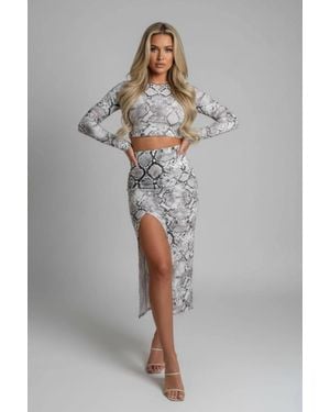 Stylewise Printed Long Sleeve Crop Top & Midi Skirt Co-Ord - Grey