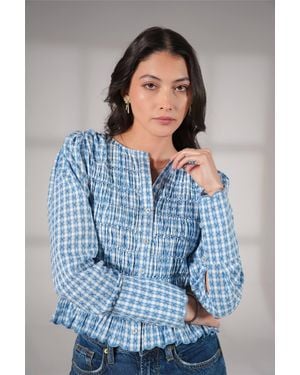 Rose & Nancy Mary--Gingham-Check-Smocked-Blouse - Blue