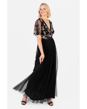 Maya Deluxe Floral Embellished Spot Mesh Maxi Dress - Black