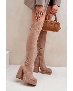 Love Lace Platform Slip-On Suede Over The Knee Boots - Natural