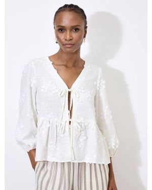 Apricot Floral Applique Tie Front Top - White