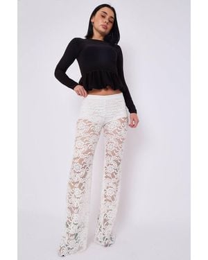 Stylewise Lace Detail High Waist Flared Trousers - White