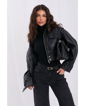 Love Lace Viscose Collared Leather Jacket With Pockets - Black