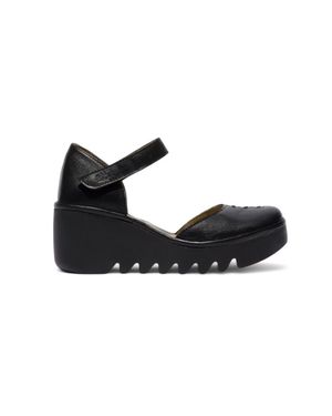 Infinity Leather Fly London Wedges Biso305Fly Sandals Espadrille Stap Heels - Black