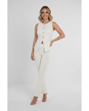 Stylewise Longline Button Waistcoat & Wide Leg Trouser Co-Ord Set - White