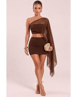 Rebellious Fashion Nelda Mesh One Shoulder Top & Mini Skirt Co-Ord Set - Brown
