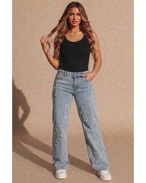 Femme Luxe Wide Leg Distressed Cross Patch Denim Jeans - Blue