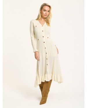 Liquorish Button Down Knit Midi Dress - Natural