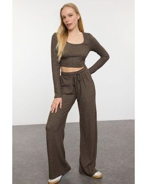 WOVCOR Soft Knit Crop Top & Wide Leg Pant Set - Brown
