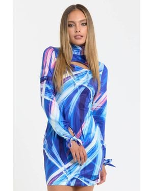 Liquorish Abstract Print Cut Out Mini Dress - Blue