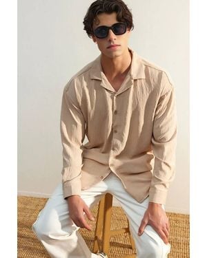 WOVCOR Relaxed Fit Textured Button-Up Shirt With Open Collar - Natural