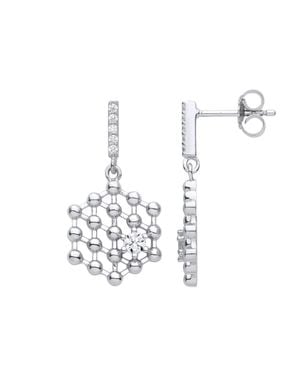 Jewelco London Cz Molecular Structure Hexagon Honeycomb Drop Earrings - White