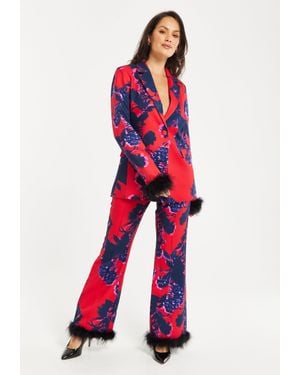 Liquorish Floral Print Blazer With Fluffy Trim - Red