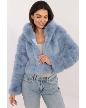 Love Lace Fur Trim Hooded Short Transitional Jacket - Blue