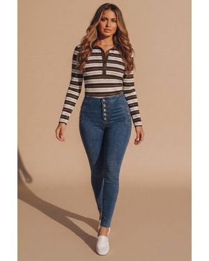 Femme Luxe High Waisted Button Detail Skinny Jeans - Blue