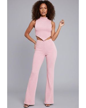 Stylewise Asymmetric High Neck & Flared Trouser Co-Ord Set - Pink