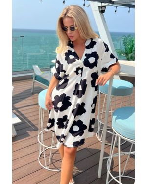 CY Floral Print Cotton Blend Linen Holiday Dress - Blue