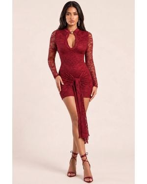 Rebellious Fashion Cesca Lace Keyhole Cut Out Draped Mini Dress - Red