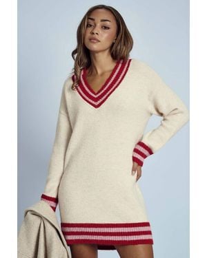 Native Youth Striped V-Neck Knitted Mini Jumper Dress - Natural