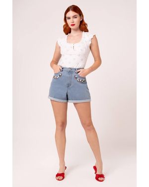 Hell Bunny Francoise Denim Strawberry & Daisy Embroidered Summer Shorts - Blue