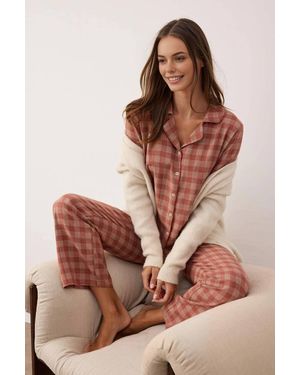WOVCOR Check Flannel Revere Collar Long Sleeve Cotton Woven Pyjama Set - Brown