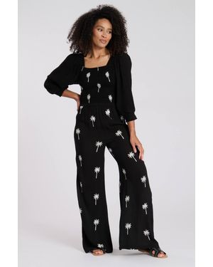 South Beach Embroidered Shirred Long Sleeve Top - Black