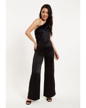 Liquorish One Shoulder Fur Detail Jumpsuit - Black