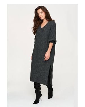 Love Lace Knitted Long Sleeve Jumper Dress With Side Slit - Black