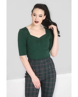 Hell Bunny Philipa Stretch Jersey Ruched Top With Sleeves & Hip Length Fit - Green