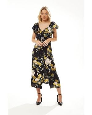 Liquorish Belted Midi Dress With Off-Shoulder Sleeves - Multicolour