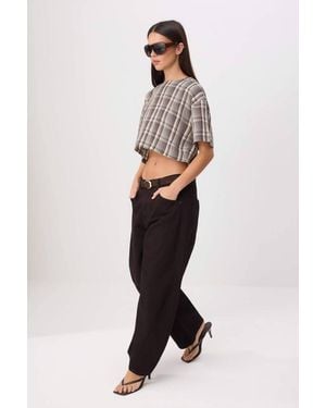 WOVCOR High Neck Short Sleeve Crop Blouse - Brown
