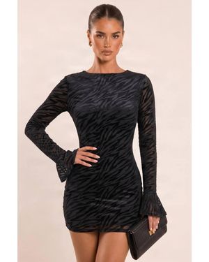 Rebellious Fashion Frances Velvet Zebra Devore Flared Sleeve Mini Dress - Black