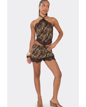 EGO Lace Trim Paisley Mid Rise Shorts - Brown