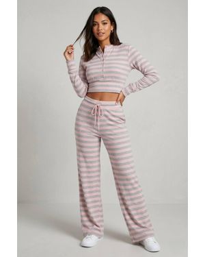 Stylewise Ribbed Stripe Henley High-Waist Lounge Set - Grey