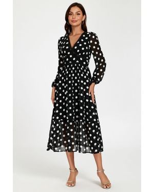 FS Collection Dot Print Lace Trim Long Sleeve Maxi Dress - White