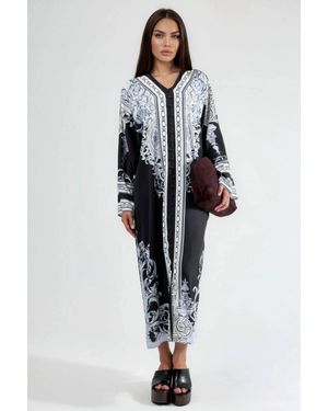 Msn-Collection Printed V-Neck Button-Front Maxi Dress - Blue