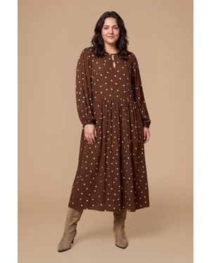 Dorothy Perkins Plus Spot Double Keyhole Blouson Sleeve Printed Midi Dress - Brown