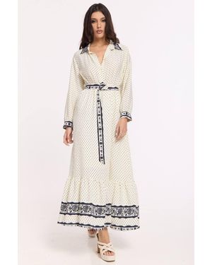 Liquorish Polka Dot Belted Maxi Shirt Dress - Natural