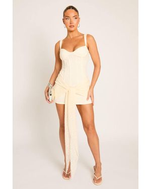 Rebellious Fashion Lace Corset Detail Drape Mini Dress - Natural