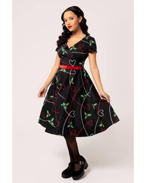 Hell Bunny Festive Heart & Holly 50S Style Cotton Dress With Belt - Black