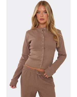 EGO Fitted Long Sleeve Button Crew Neck Ribbed Top - Brown