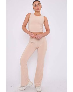 Stylewise Slinky Crop Top & Flare Trouser - Natural