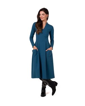 Love Lace Cotton Pleated V-Neck Long Sleeve Midi Dress - Blue