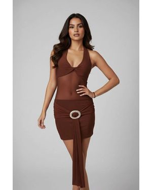 Stylewise Halter Neck Mesh Bodycon Dress - Brown