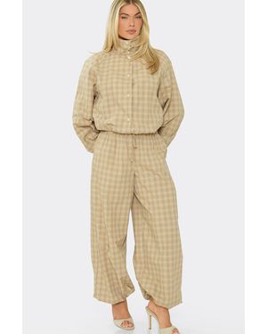 EGO Wide Leg Checked Mid Rise Trousers - Natural